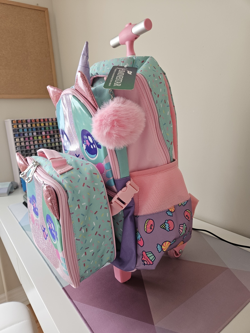 ​NWT Jasminestar 3 Pc Rolling Backpack Set Unicorn Cat Lunch Bag Pencil Case